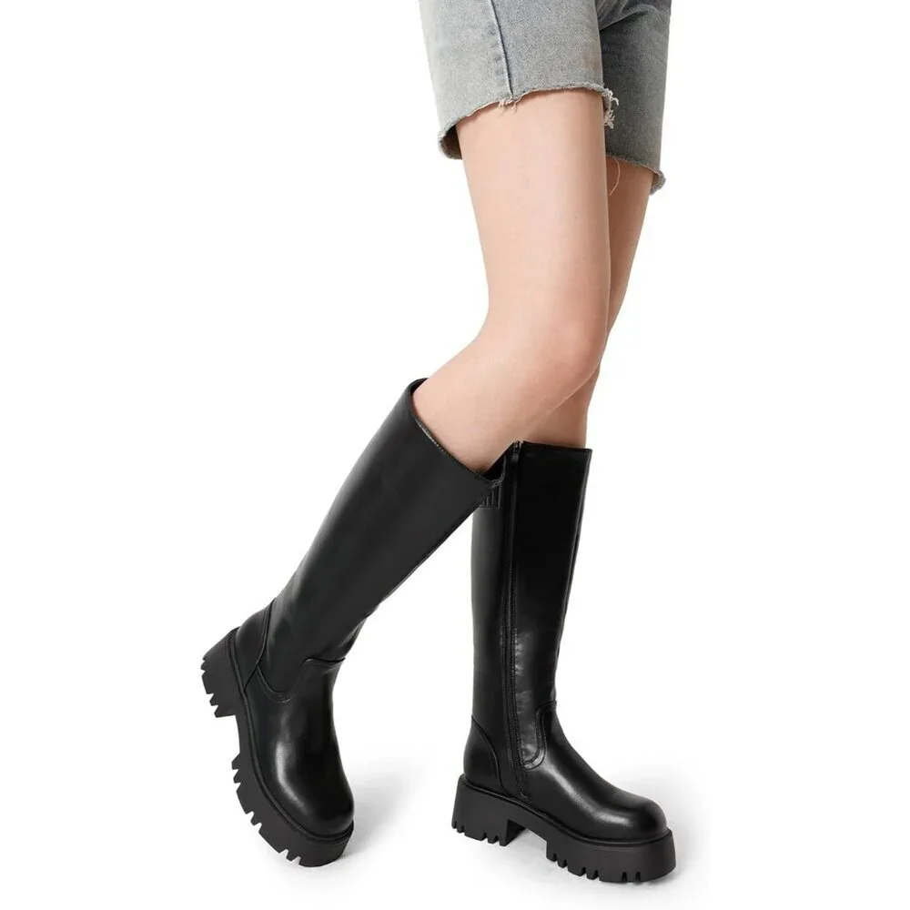 Women's Black Knee High Round-Toe Side Zip Stylish Comfortable Chunky Heel Boot